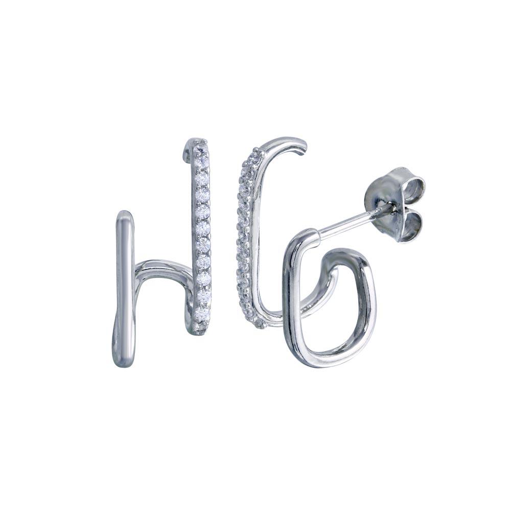 Sterling Silver Platinum Plated Vertical Lobe Hugging CZ Earrings