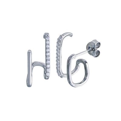 Sterling Silver Platinum Plated Vertical Lobe Hugging CZ Earrings