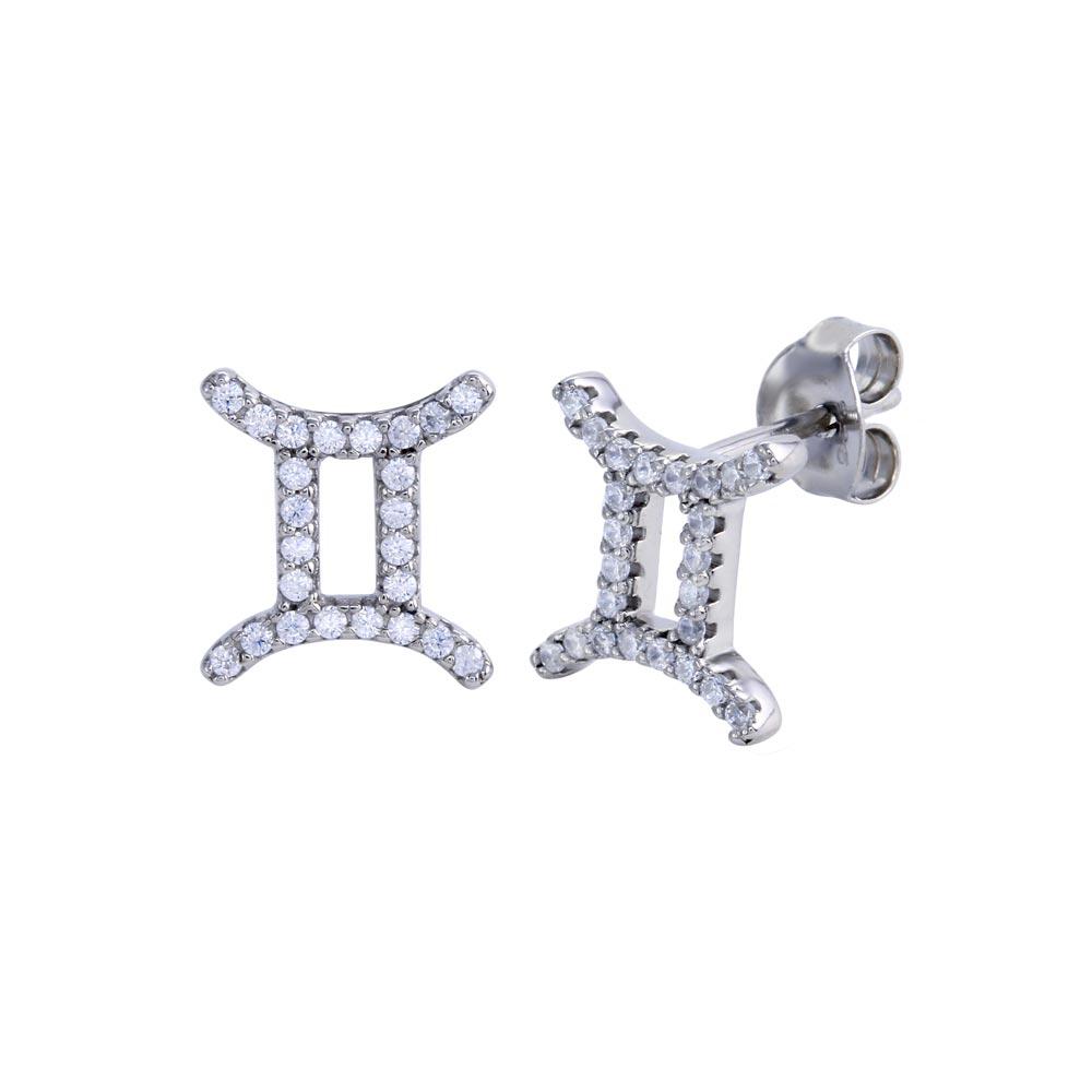 Sterling Silver Platinum Plated Gemini CZ Zodiac Sign Earrings