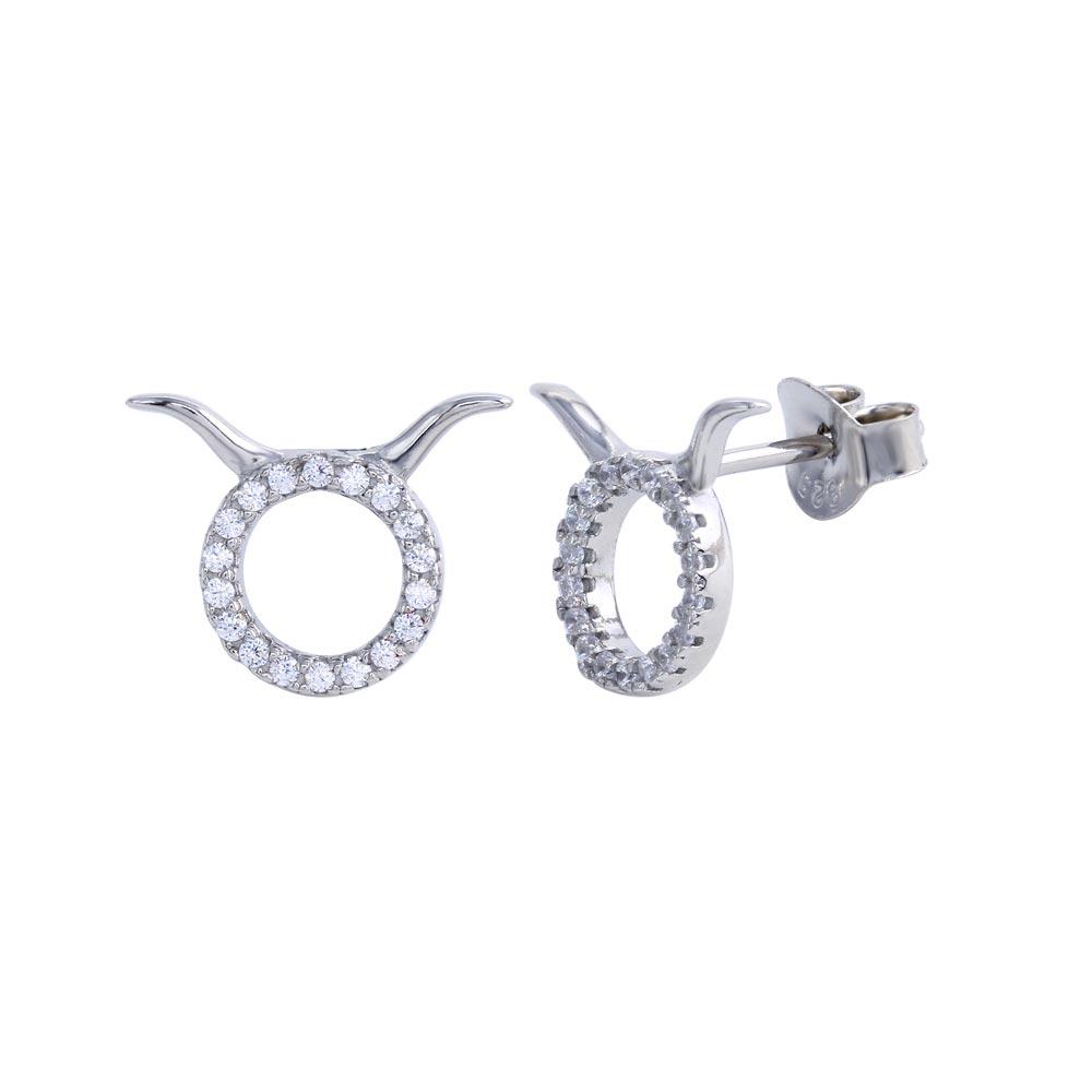 Sterling Silver Platinum Plated Taurus CZ Zodiac Sign Earrings