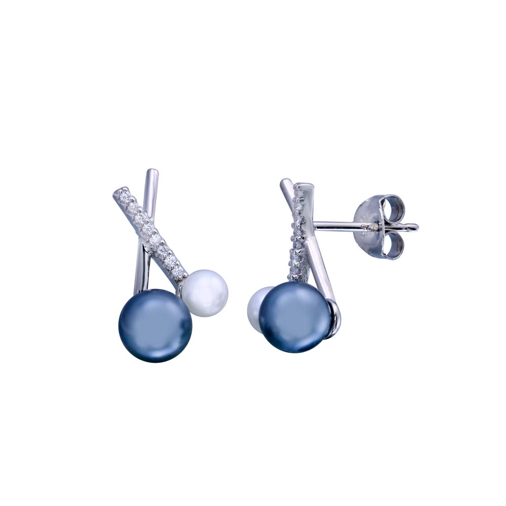 Sterling Silver Rhodium Plated X Style Black And Mother Of Pearl CZ Earrings