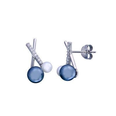 Sterling Silver Rhodium Plated X Style Black And Mother Of Pearl CZ Earrings