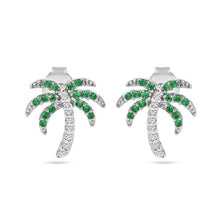 Load image into Gallery viewer, Sterling Silver Rhodium Plated PalmTree Clear, Green and Black CZ Stud Earrings