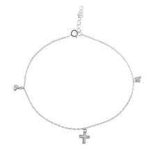 Load image into Gallery viewer, Sterling Silver Rhodium Plated Heart Cross And Triangle Drop Anklet
