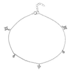 Sterling Silver Rhodium Plated Triangle and Rhombus Drop Anklet With CZ