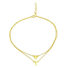 Load image into Gallery viewer, Sterling Silver Gold Plated Double Chain Cross and Heart Anklet