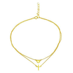 Sterling Silver Gold Plated Double Chain Cross and Heart Anklet