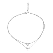 Load image into Gallery viewer, Sterling Silver Rhodium Platd Double Chain Heart And Cross Anklet