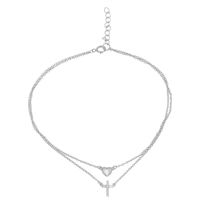 Sterling Silver Rhodium Plated Double Chain Heart and Cross Anklet
