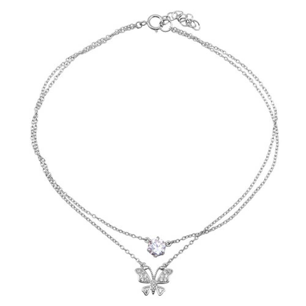 Sterling Silver Rhodium Plated Double Chain Anklet with Butterfly And CZ