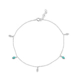 Sterling Silver Rhodium Plated Teardrop Charm Turquoise and Clear CZ Anklet