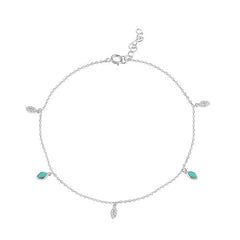 Sterling Silver Rhodium Plated Teardrop Charm Turquoise and Clear CZ Anklet
