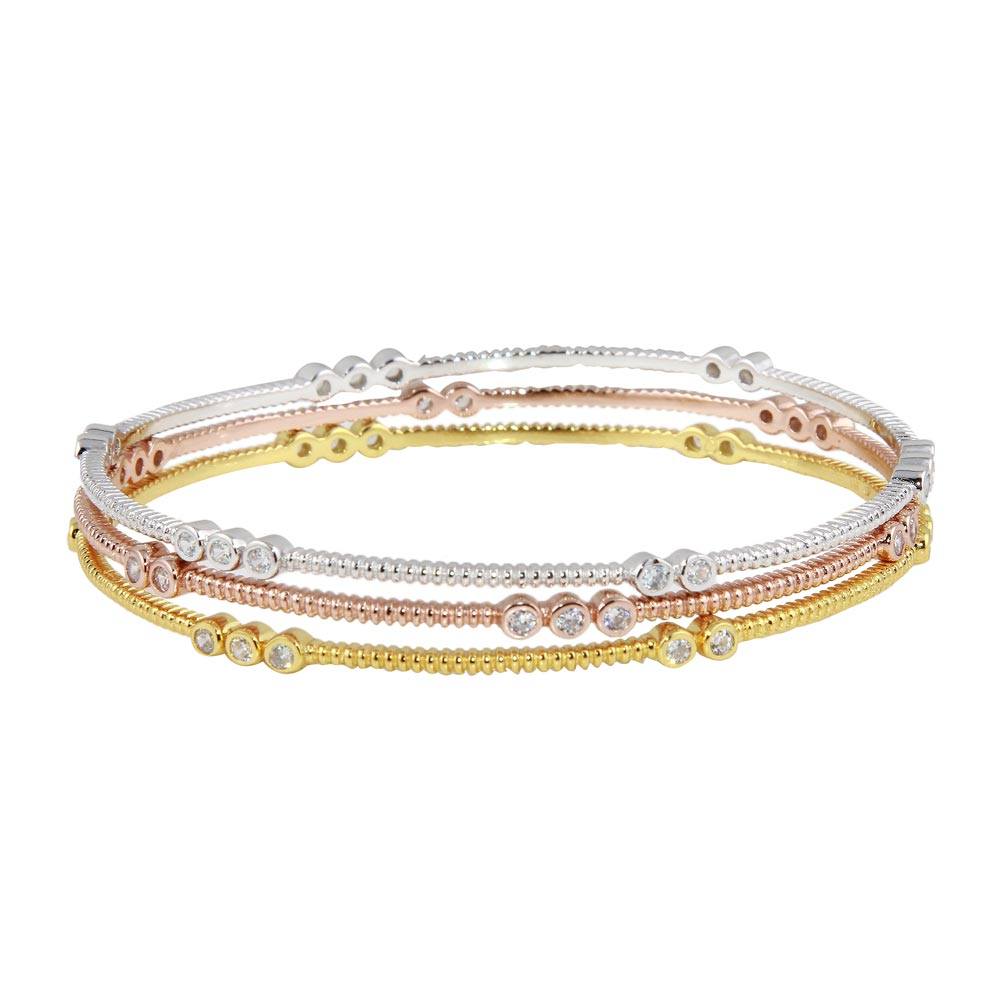 Sterling Silver Rhodium Plated Five Toned Three CZ Bangle Bracelet