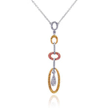 Load image into Gallery viewer, Sterling Silver Necklace with Dangling Three Toned Oval Linked Pendant Inlaid with Multi-Colored Czs