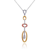 Sterling Silver Necklace with Dangling Three Toned Oval Linked Pendant Inlaid with Multi-Colored Czs