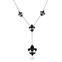 Load image into Gallery viewer, Sterling Silver Fancy Necklace with Black Rhodium Plated Fleur De Lis Inlaid with Black Czs Pendant