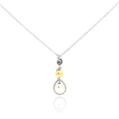 Sterling Silver Necklace with Classy Dangling Drop Inlaid with Czs and Three Pearl Pendant