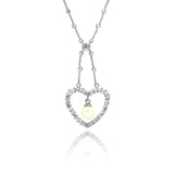 Sterling Silver Fashion Necklace with Open Paved Heart and Centered White Pearl Pendant