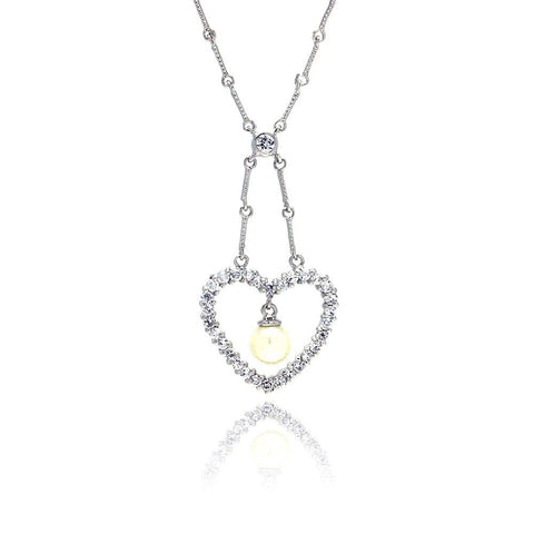 Sterling Silver Fashion Necklace with Open Paved Heart and Centered White Pearl Pendant