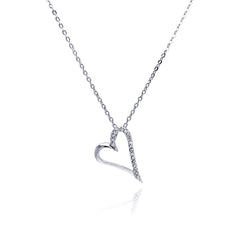 Sterling Silver Necklace with Sideways Open Heart Inlaid with Clear Czs Pendant