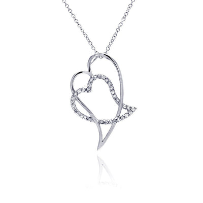 Sterling Silver Necklace with Fancy Double Heart Knot Inlaid with Clear Czs Pendant