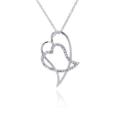 Sterling Silver Necklace with Fancy Double Heart Knot Inlaid with Clear Czs Pendant