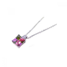 Load image into Gallery viewer, Sterling Silver Necklace with Classy Solitaire Princess Cut Colored Stone Pendant and Bail Inlaid with Clear Czs