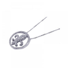 Load image into Gallery viewer, Sterling Silver Necklace with Classy Paved Czs Round Frame and Fleur De Lis Pendant