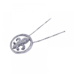 Sterling Silver Necklace with Classy Paved Czs Round Frame and Fleur De Lis Pendant