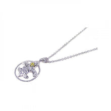 Load image into Gallery viewer, Sterling Silver Necklace with Fancy Twisted Round Frame and Fleur De Lis Pendant Inlaid with Clear Czs and Single Citrine Cz