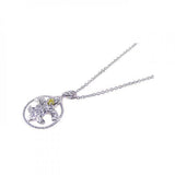 Sterling Silver Necklace with Fancy Twisted Round Frame and Fleur De Lis Pendant Inlaid with Clear Czs and Single Citrine Cz