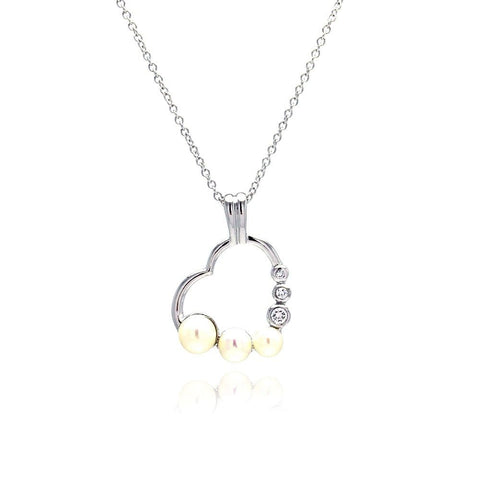 Sterling Silver Necklace with Fancy Open Heart Set with Three White Pearls and Clear Czs Pendant