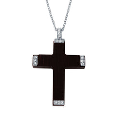 Sterling Silver Rhodium Plated Necklace with Wood Cross Inlaid with Clear Cz PendantAnd Spring Clasp ClosureAnd Length of 16  with 2  extension