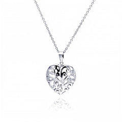 Sterling Silver Necklace with High Polished Filigree Vine Design Heart Pendant