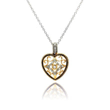 Load image into Gallery viewer, Sterling Silver Necklace with Gold Plated Antique Style Filigree Heart Inlaid with Clear Czs Pendant