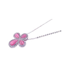 Load image into Gallery viewer, Sterling Silver Clear CZ Pink Cat Eye Rhodium Plated Cross Pendant Necklace