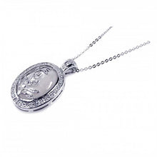 Load image into Gallery viewer, Sterling Silver Necklace with Fancy Paved Cz Oval Frame Pendant and Centered White Stone with Tree Inlaid Design