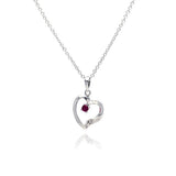 Sterling Silver Necklace with Trendy Open Heart Inlaid with Clear Czs and Centered Round Cut Ruby Cz Pendant