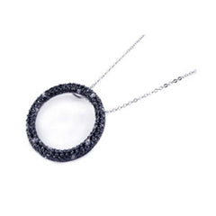 Sterling Silver Necklace with Stylish Paved Black and Clear Czs Open Circle Pendant