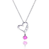Sterling Silver Necklace with Fancy Open Heart Inlaid with Clear Czs and Single Round Cut Pink Cz Dangling Pendant