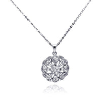 Load image into Gallery viewer, Sterling Silver Necklace with Antique Style Round Filigree Pendant Flower and Heart Design Inlaid with Clear Czs
