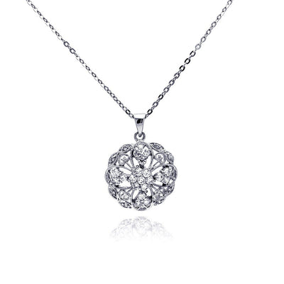 Sterling Silver Necklace with Antique Style Round Filigree Pendant Flower and Heart Design Inlaid with Clear Czs