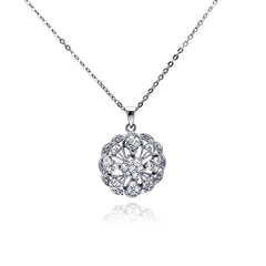 Sterling Silver Necklace with Antique Style Round Filigree Pendant Flower and Heart Design Inlaid with Clear Czs