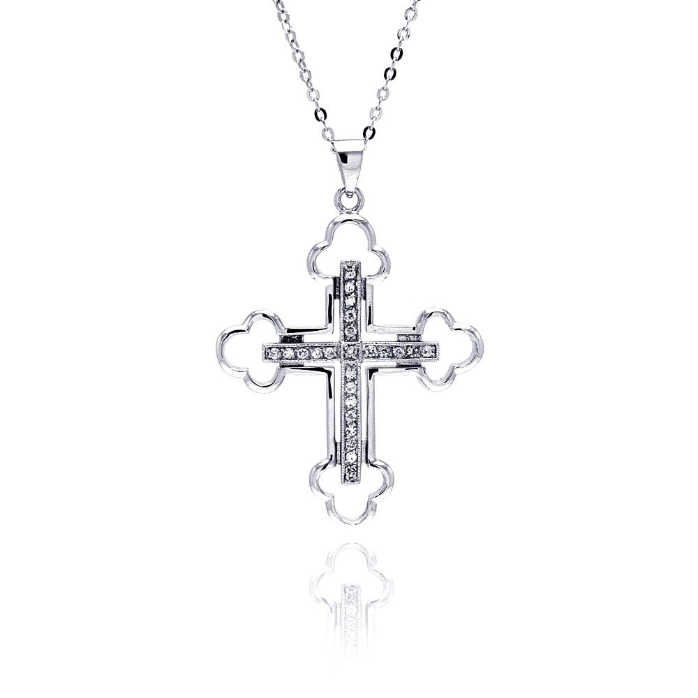 Sterling Silver Clear CZ Rhodium Plated Cross Pendant Necklace