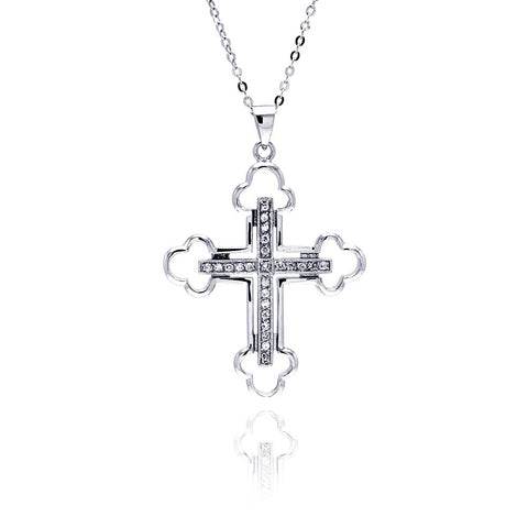 Sterling Silver Clear CZ Rhodium Plated Cross Pendant Necklace