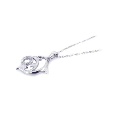 Sterling Silver Necklace with Fancy Open Dolphin Leaping Over Paved Czs Hoop Pendant