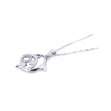 Sterling Silver Necklace with Fancy Open Dolphin Leaping Over Paved Czs Hoop Pendant