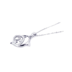 Sterling Silver Necklace with Fancy Open Dolphin Leaping Over Paved Czs Hoop Pendant