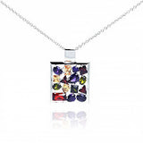 Sterling Silver Necklace with Fancy Square Frame Pendant Inlaid with Multi Shape and Colored Czs