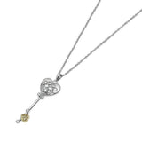 Sterling Silver Necklace with Filigree Heart Key Inlaid with Clear Czs Pendant